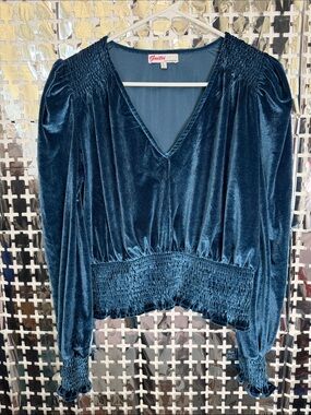 Guitii Teal Velvet V-Neck Smocked Waist & Cuff Blouse